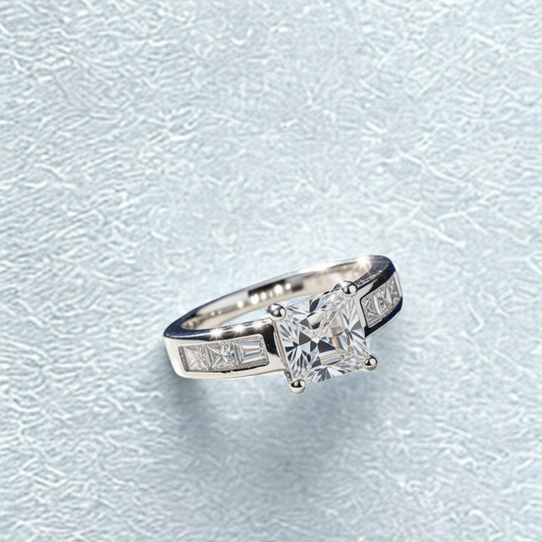 Diamond ring on a light blue textured background