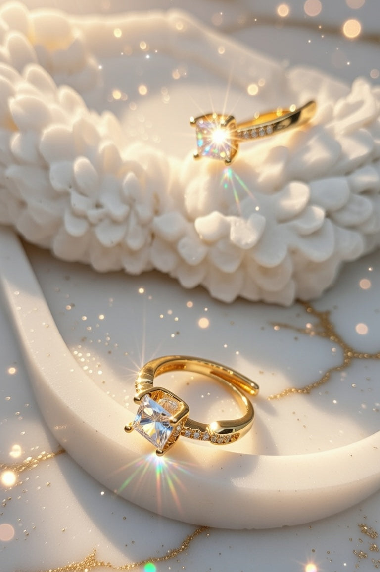 Gold rings with diamonds on a textured white surface, featuring the brand 'Zylva'.