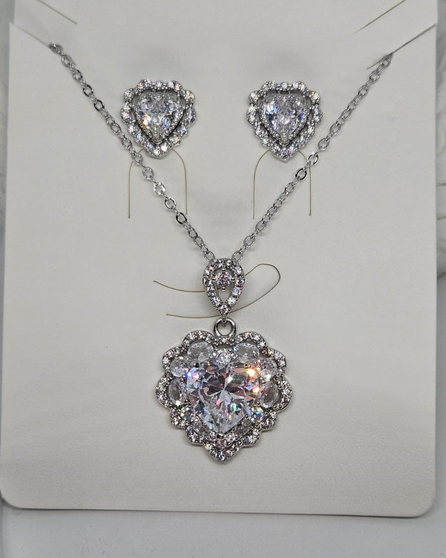 Silver Crystal Heart Necklace & Earrings Jewelry Set