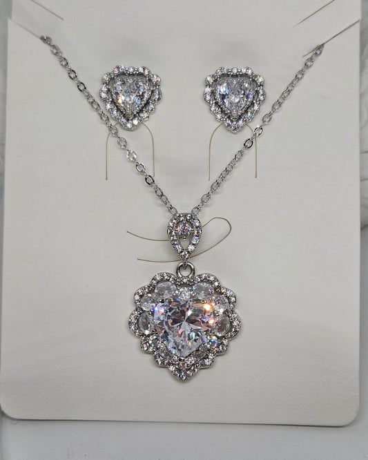 Silver Crystal Heart Necklace & Earrings Jewelry Set