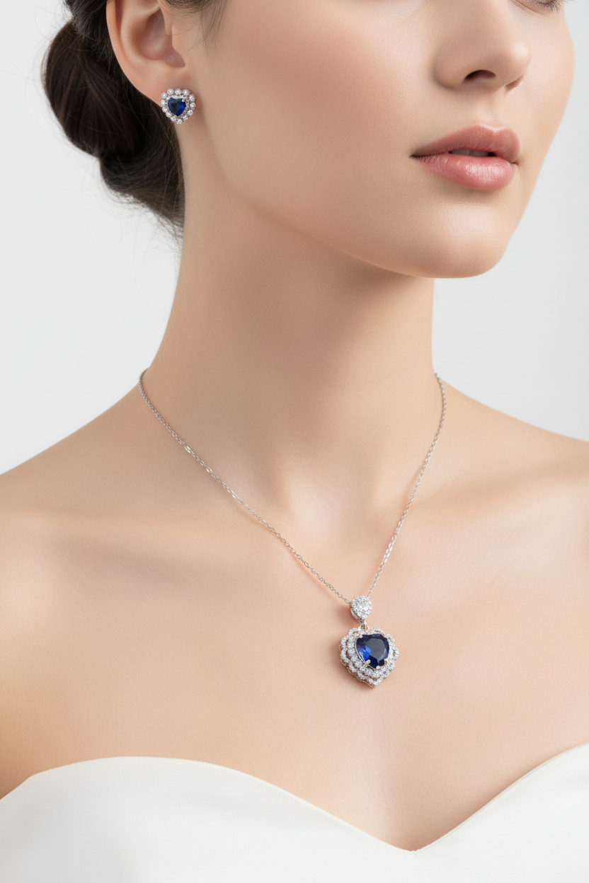 Woman wearing a silver necklace with a blue pendant on a plain background