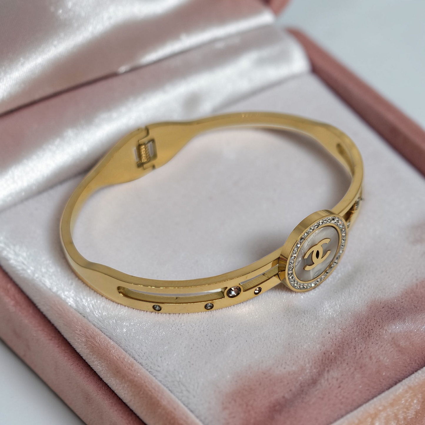 Gold Bangle Bracelet with Mother of Pearl