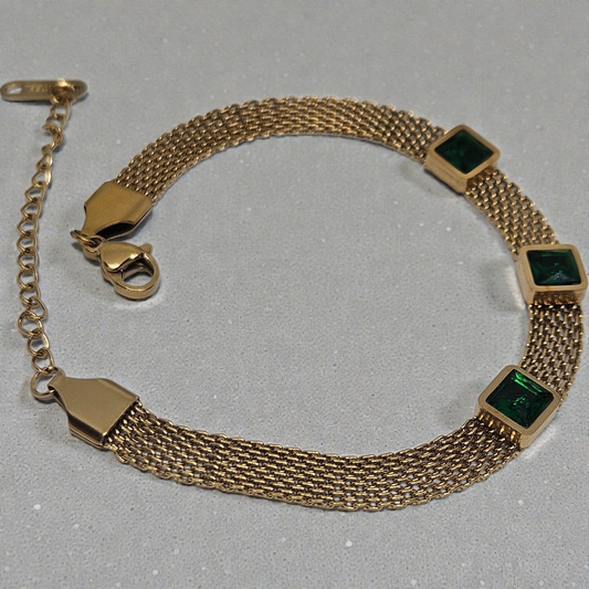 Gold Mesh Bracelet with Emerald Stones