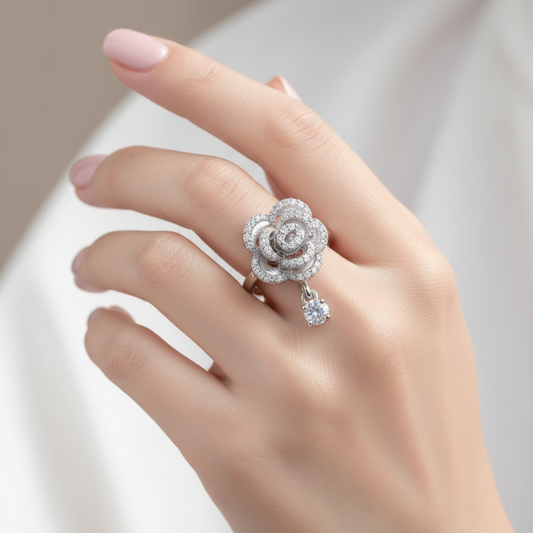 Ethereal Rose Bloom Dangle Ring