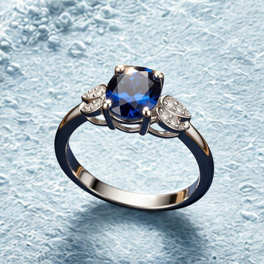 Silver ring with a blue gemstone and smaller diamonds on a textured light blue background
