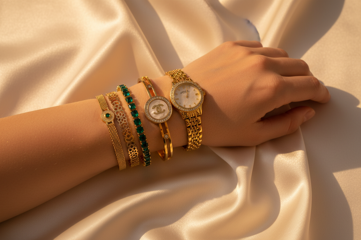 Gold Bracelet Stack with Golden Watch