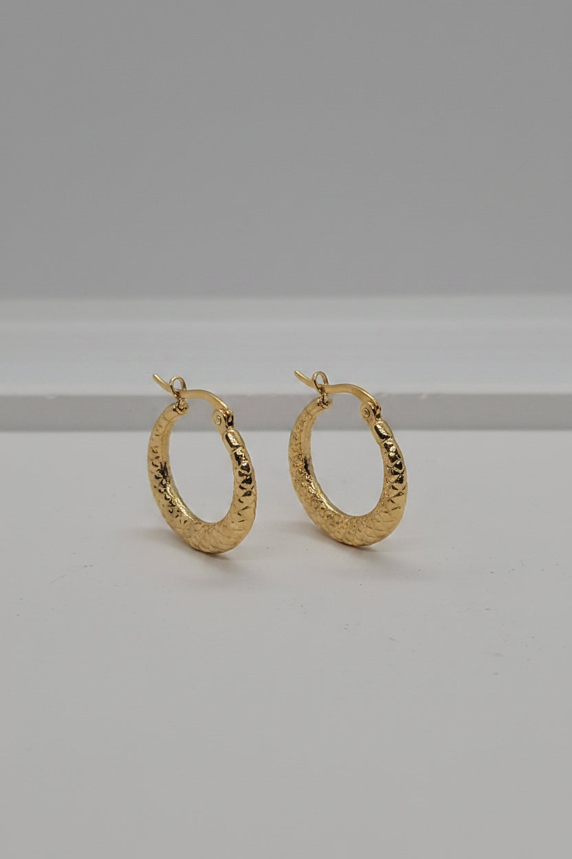 A pair of textured gold hoop earrings with fishhook backings, displayed on a light gray surface.