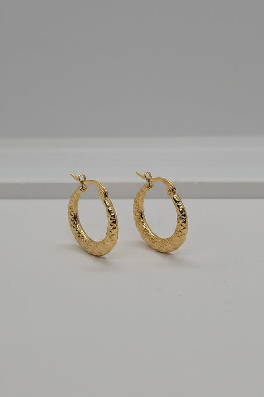 A pair of textured gold hoop earrings with fishhook backings, displayed on a light gray surface.